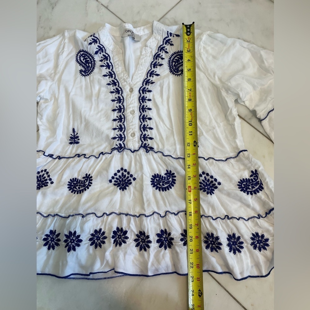 Camomilla, women’s 16 or XL, boho embroidered bell sleeve blouse, blue and white - Picture 4 of 6